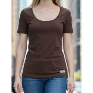 Chocolate Brown Espresso Deep Scoop Neck Slim Fit T-Shirt 90s Y2k Small Desiree